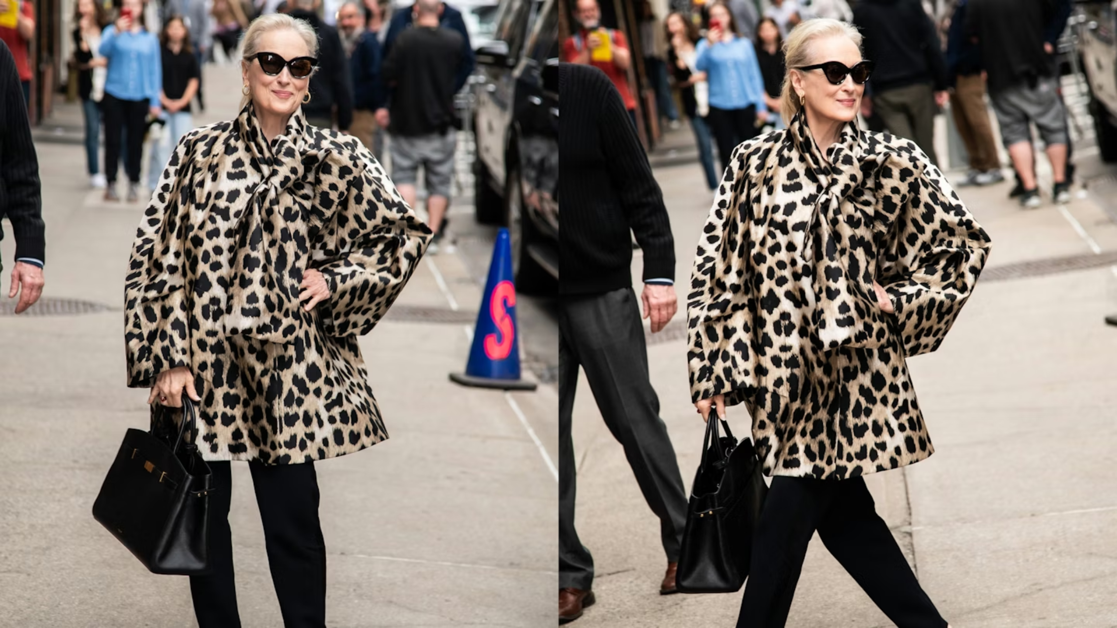 Meryl Streep leopard print oversized couture coat with exaggerated bow and lantern sleeves from The Late Show with Stephen Colbert appearance