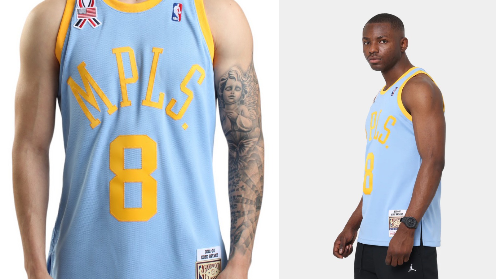 Los Angeles Lakers Kobe Bryant 2001–02 blue Hardwood Classics MPLS jersey with yellow “MPLS” lettering and number 8 design