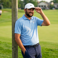 Scottie Scheffler RBC Heritage 2026 Blue Performance Polo Shirt with micro-dot pattern, breathable athletic fit, and modern golf style design.