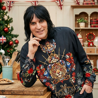 Noel Fielding S09 Gothic Stained Glass Lion Sacred Heart Black Oversized Shirt with ornate lion emblem, golden radiating beams, blue mosaic details, and Gothic artistic design elements