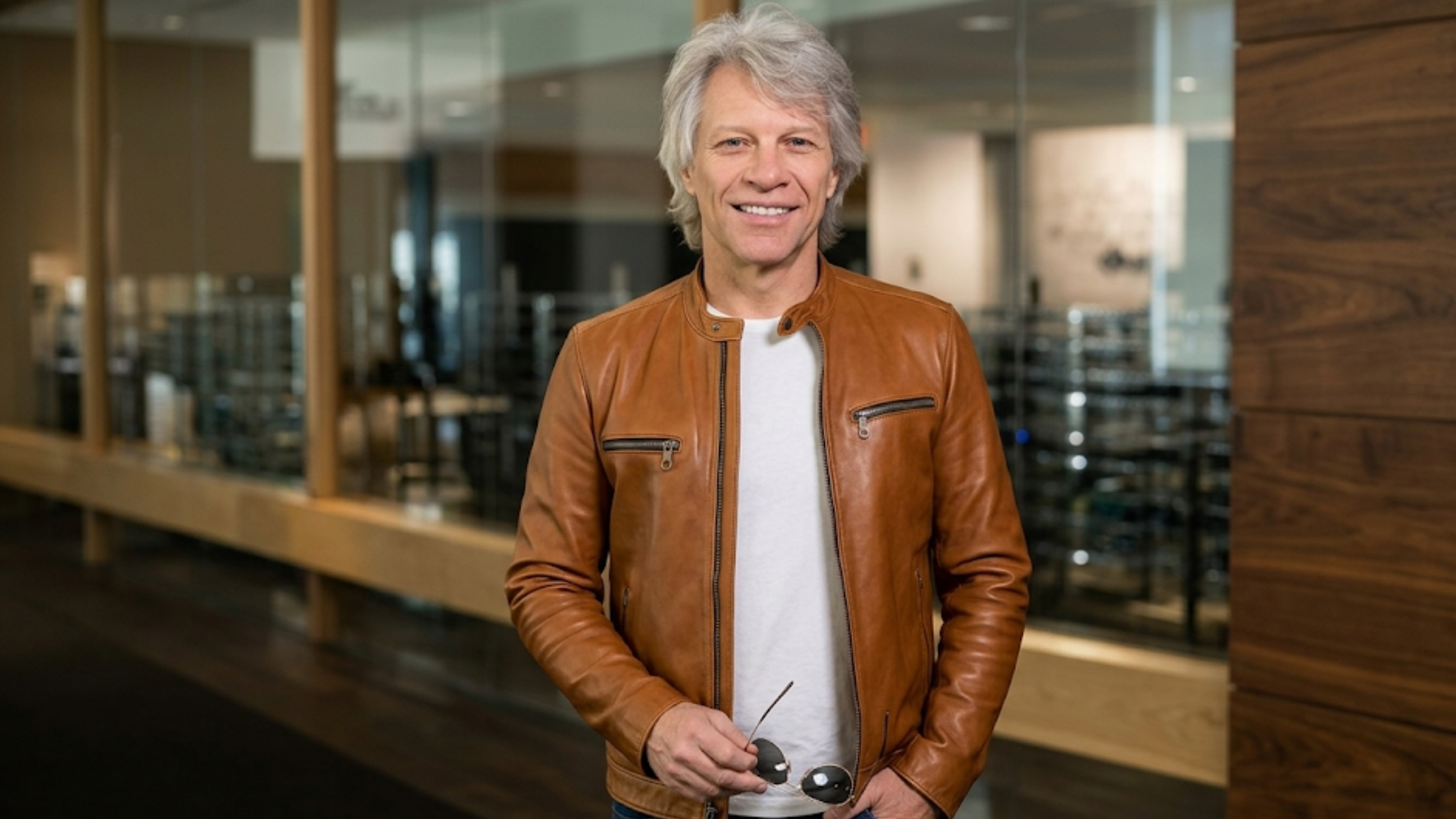 The Today Show 2025 Jon Bon Jovi distressed brown café racer leather zip jacket with stand collar and zip cuffs