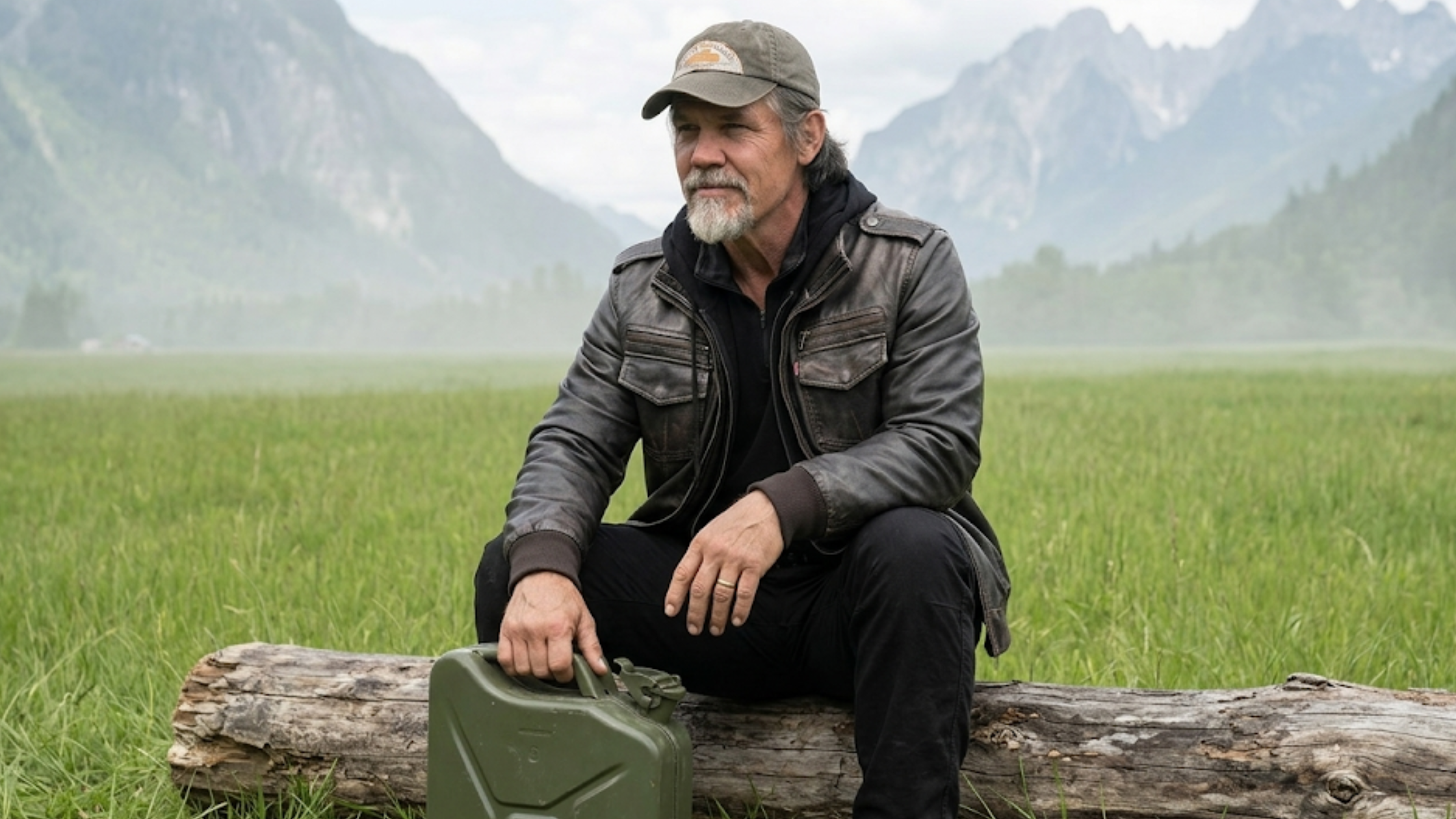 Josh Brolin The Dog Stars dark brown distressed leather bomber jacket with hood and utility chest pockets rugged survival style outerwear