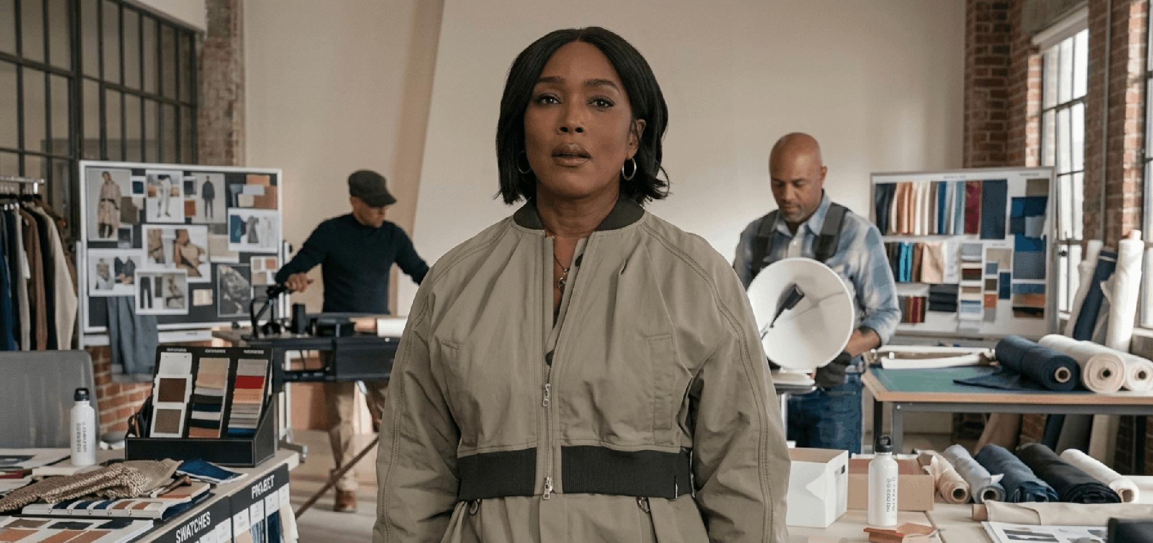 Athena Grant 9-1-1 sage green peplum bomber jacket inspired by Angela Bassett with structured tailoring and modern silhouette