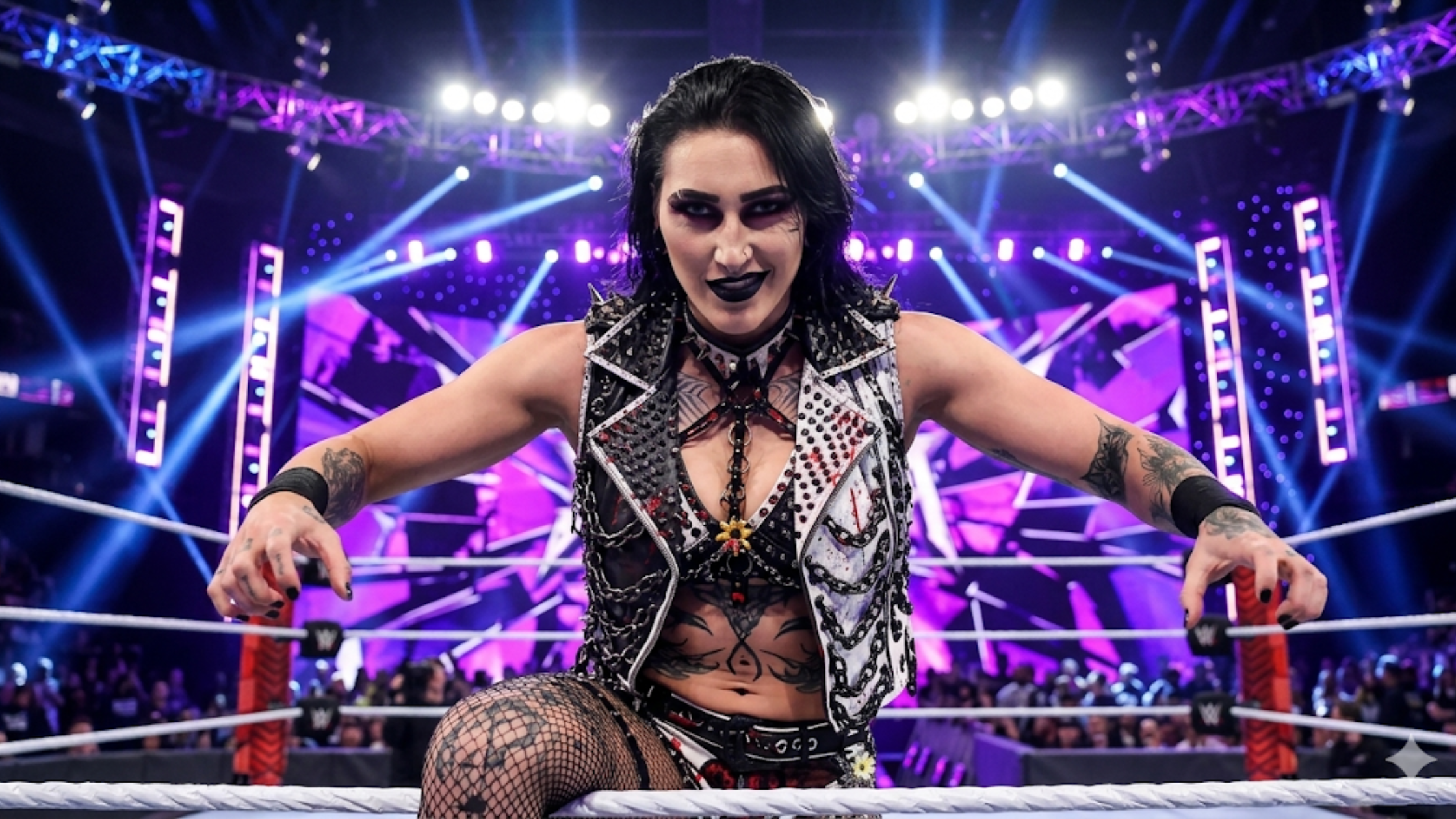 Rhea Ripley WWE Monday Night RAW 2026 distressed white spiked chain biker leather vest with black panel and metal stud detailing