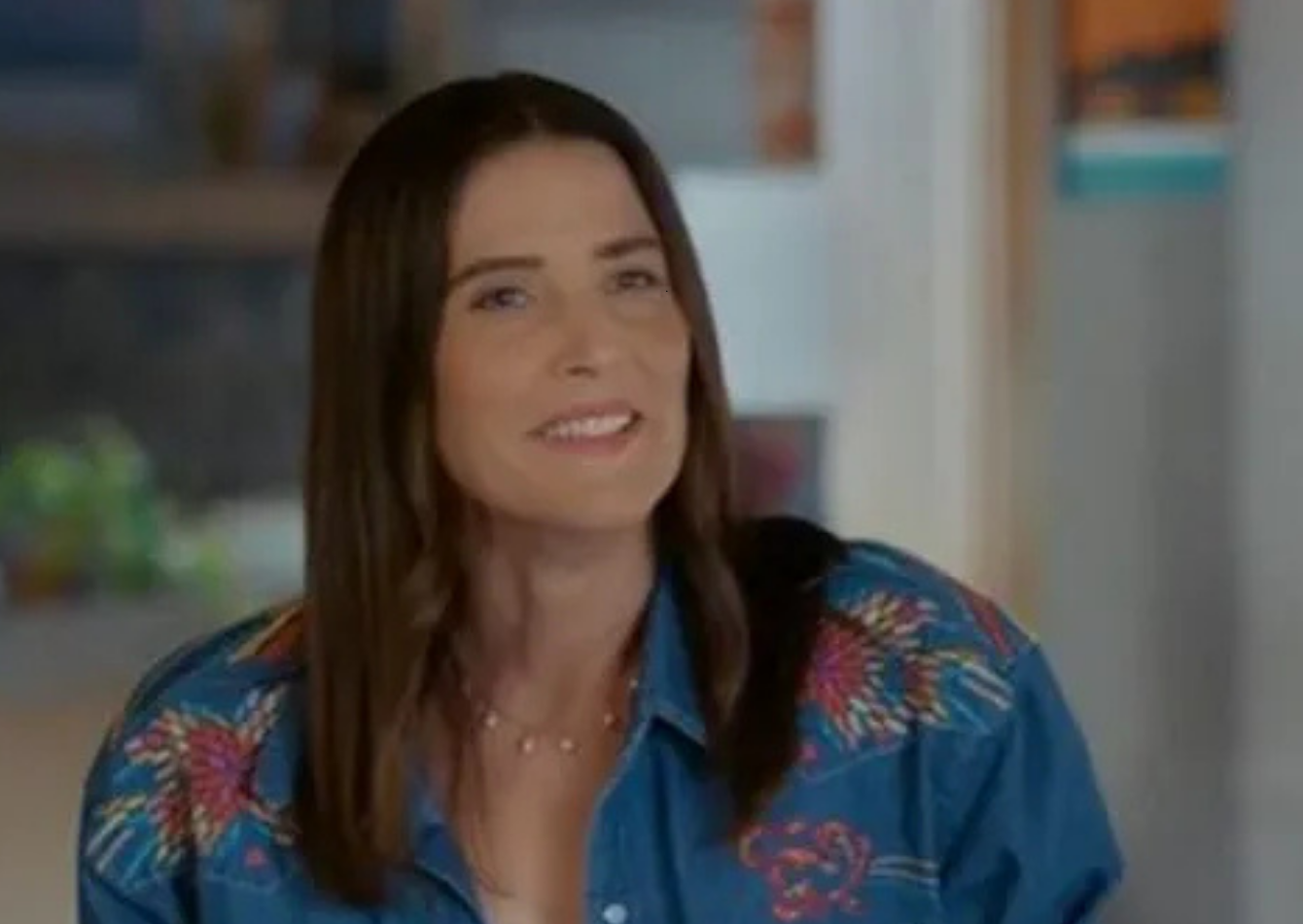 Cobie Smulders Shrinking S03 indigo blue denim Western shirt with pearl snap buttons and embroidered floral star details
