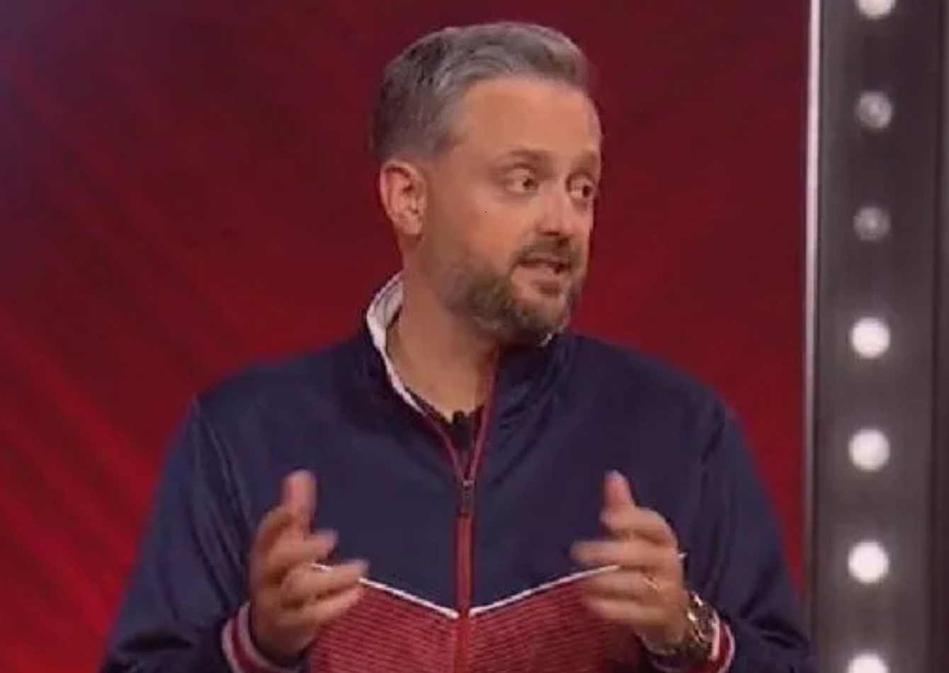 Nate Bargatze inspired tri-color tracksuit with navy, white, and burgundy chevron design and striped cuffs