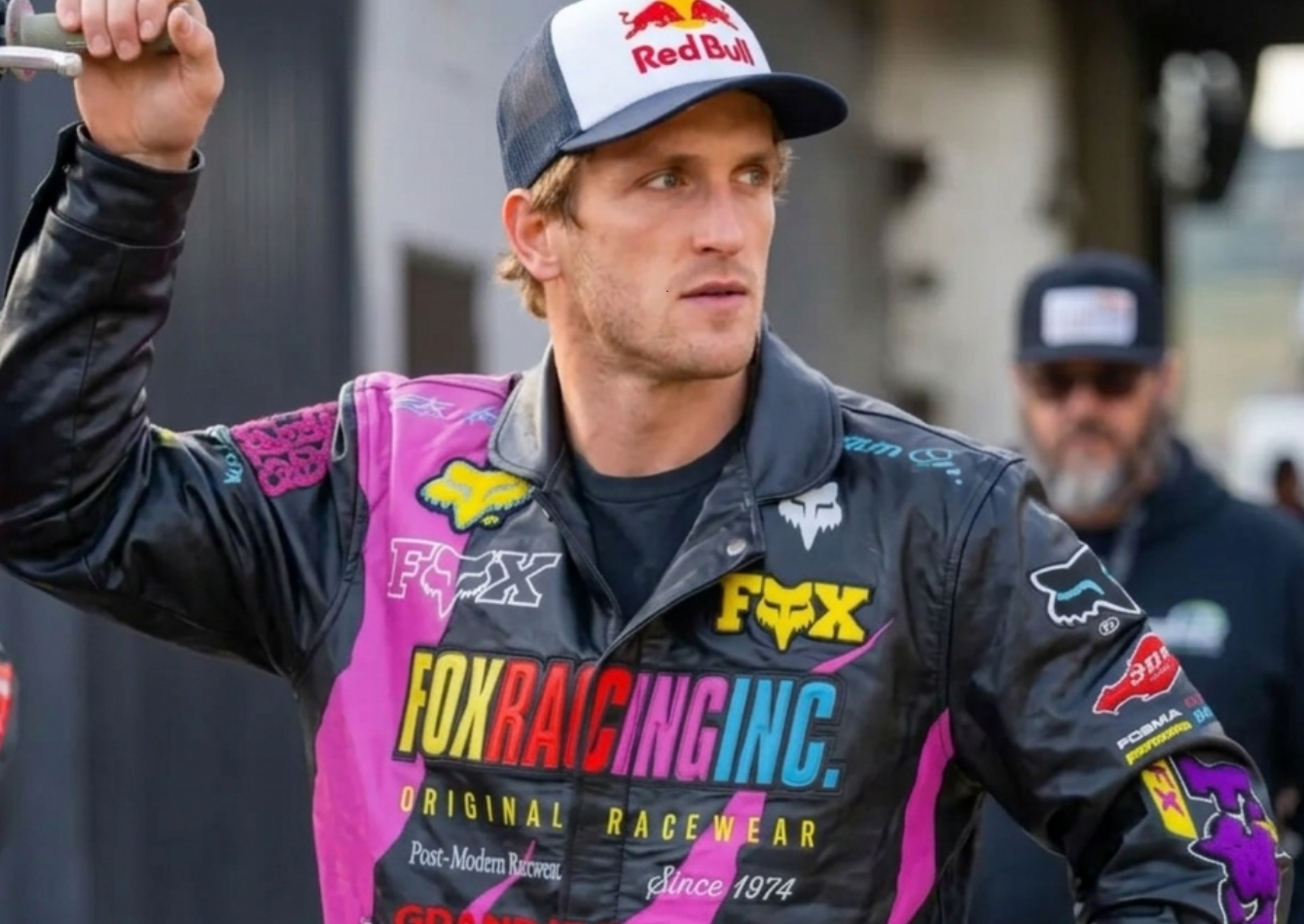 Ken Roczen Retro Fox Racing black leather jacket with neon pink, yellow, blue, and purple racing panels and bold Fox branding on front and back