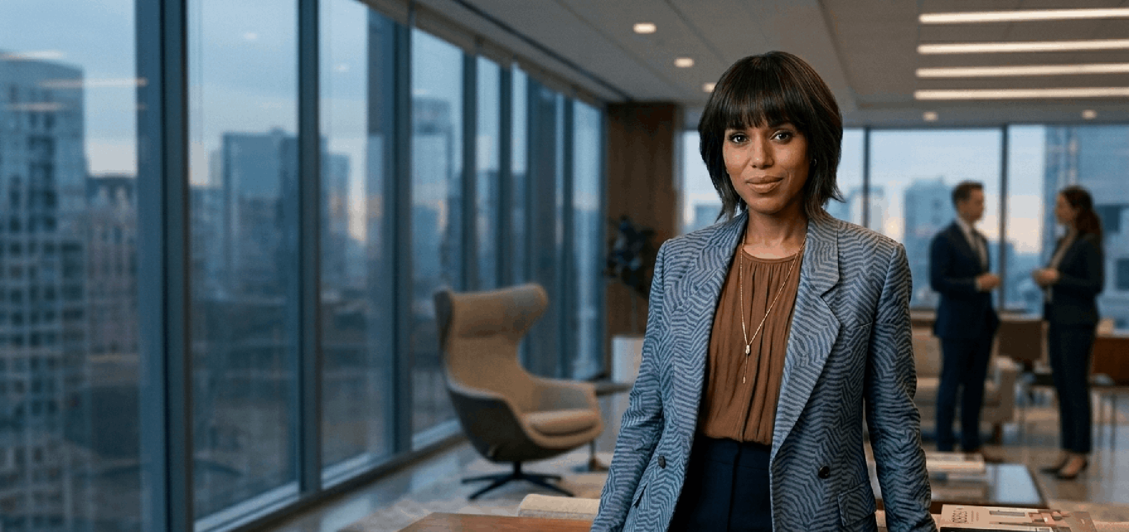 Eleanor grey animalier jacquard blazer with 1980s structured shoulders from Imperfect Women worn by Kerry Washington