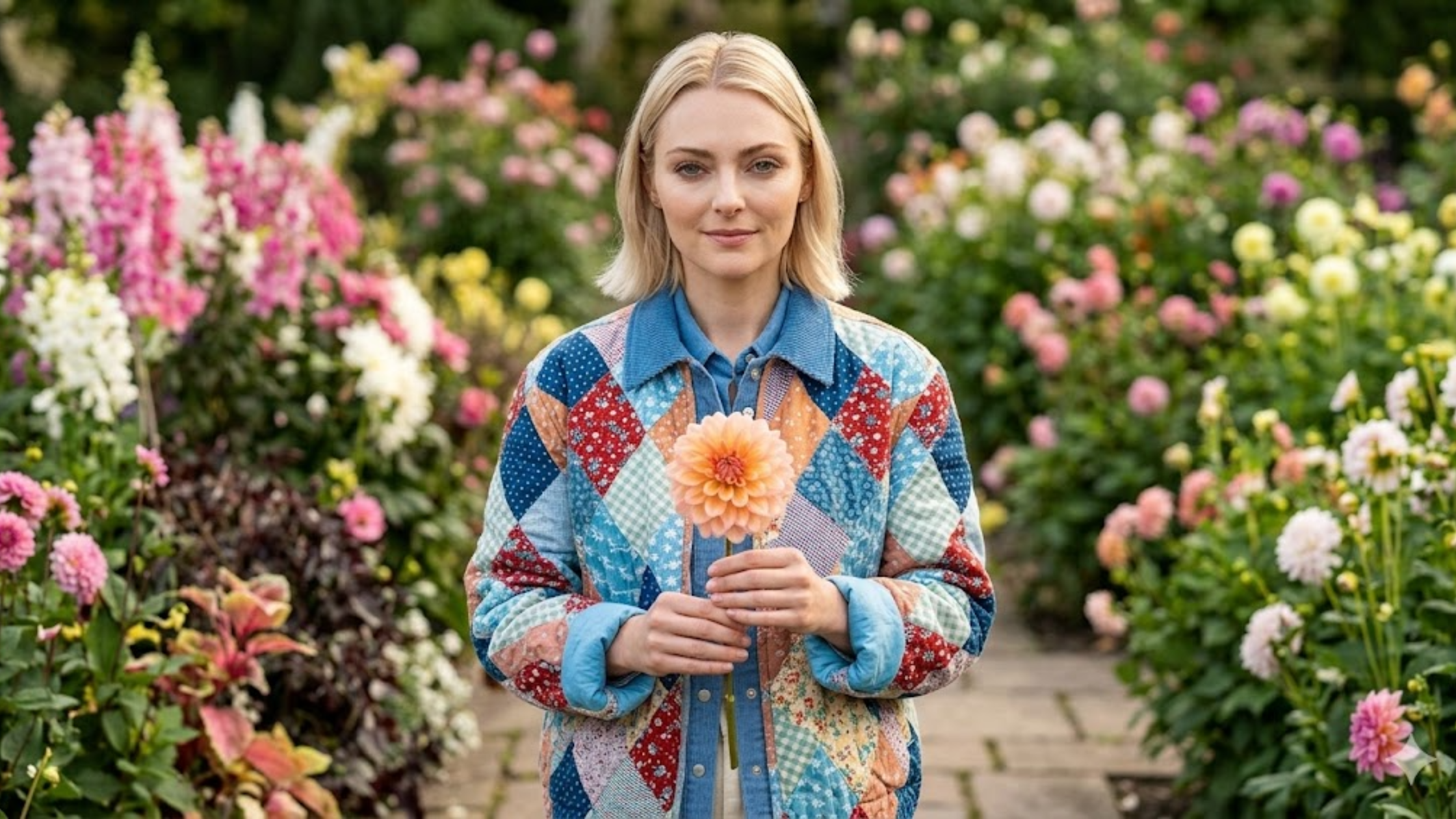 Alice Grosse Pointe Garden Society 2025 multicolor patchwork jacket with diamond quilting and mixed print panels