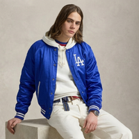 Dodgers Polo Ralph Lauren Royal Blue Satin Varsity Bomber Jacket with LA logo, striped rib-knit trims, and premium glossy finish streetwear sports fashion outerwear