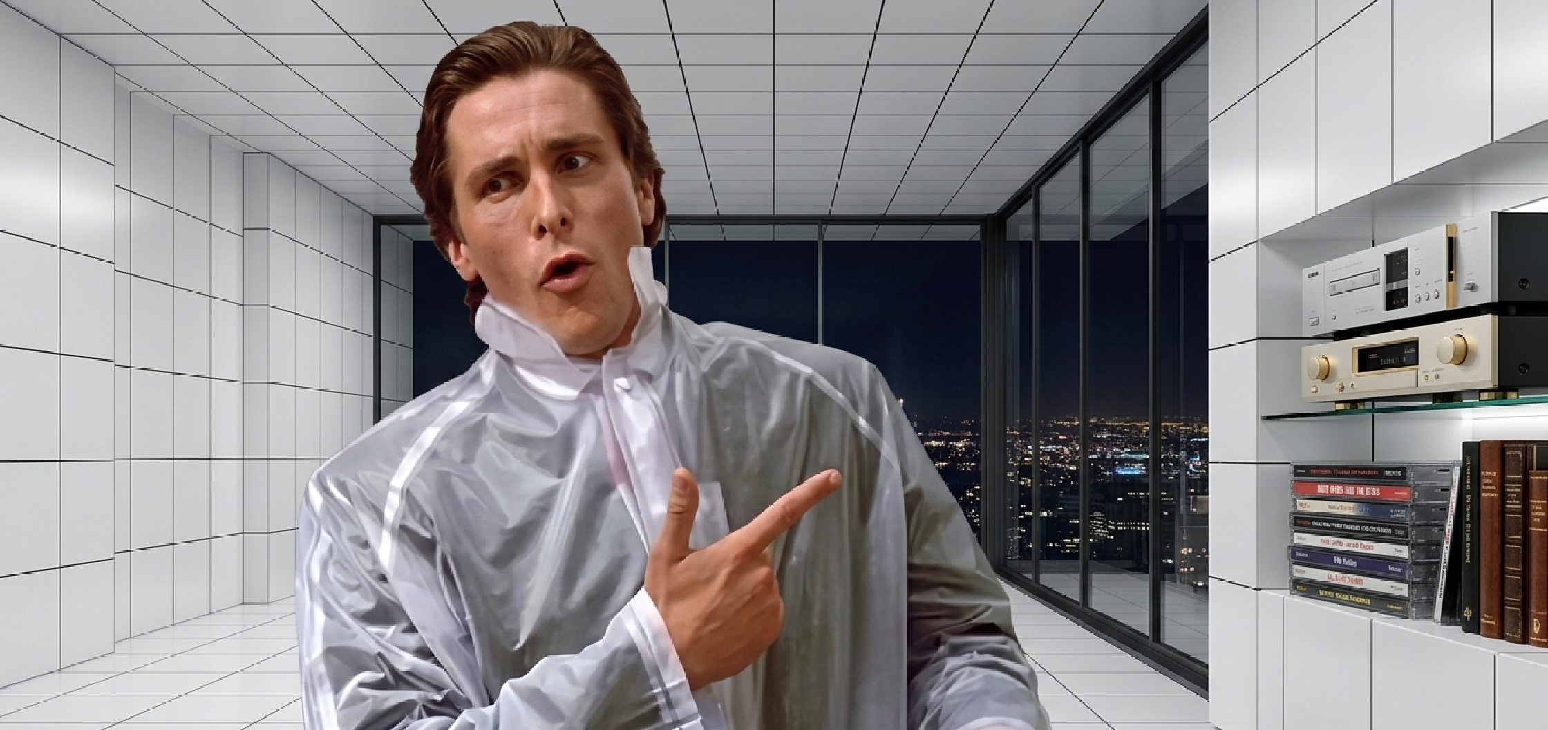 Transparent Patrick Bateman inspired raincoat in clear PVC with white piping, full-length minimalist waterproof outerwear