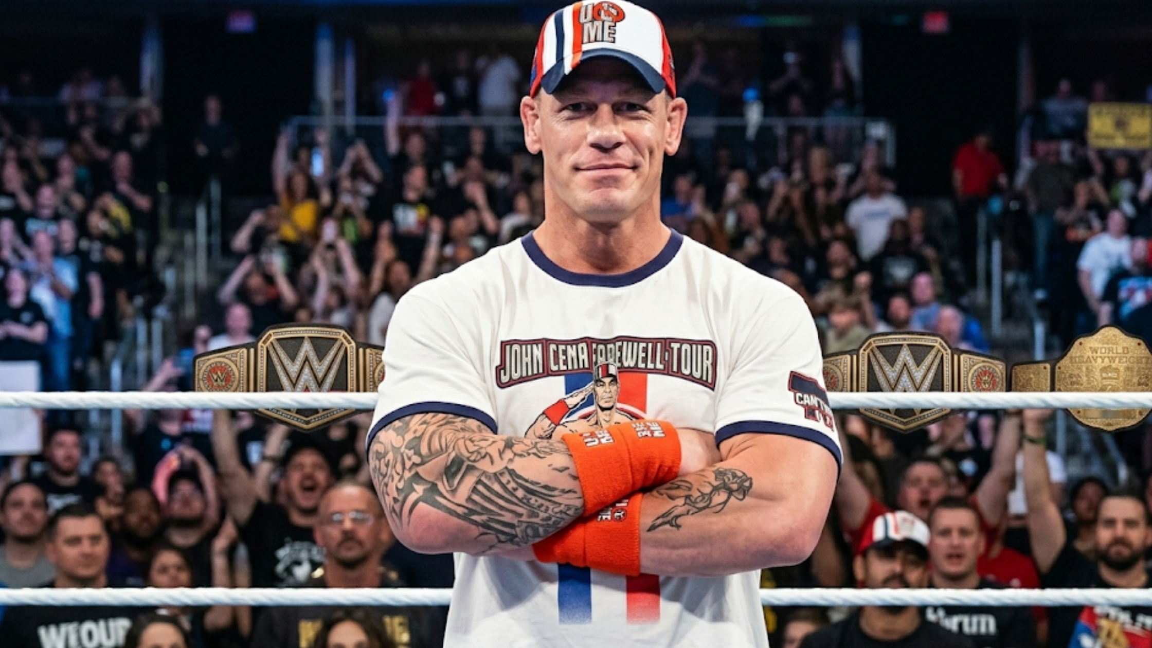 John Cena Farewell Tour 2025 Lyon white ringer t-shirt with navy trim, saluting illustration, and red blue sleeve slogan prints