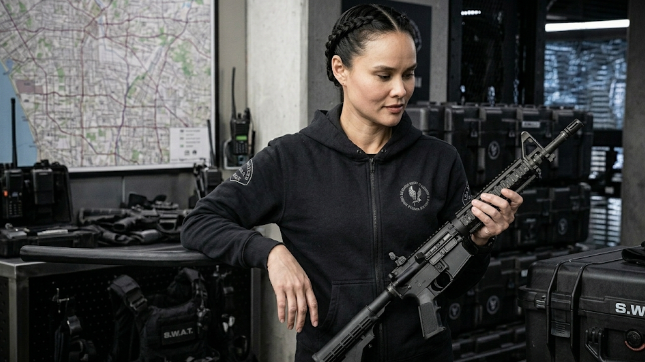 S.W.A.T S08 Zoe Powell black zip hoodie with fleece fabric, tactical patches, and full-zip front design