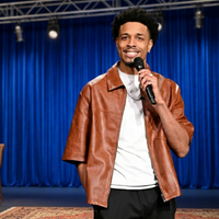 Ontonio Kareem The Tonight Show S13 cognac brown leather shirt jacket with boxy short sleeves