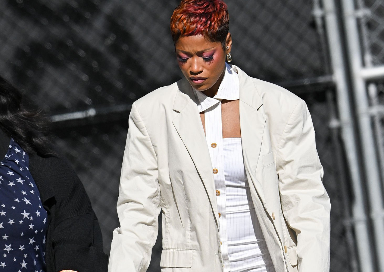 Keke Palmer wearing a beige oversized boxy blazer with padded shoulders and longline fit in Los Angeles 2026