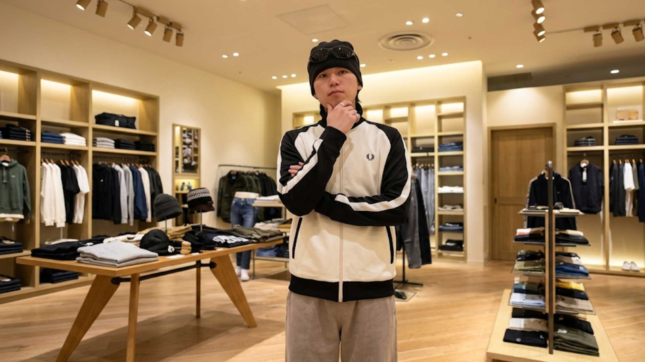 Fred Perry x BEAMS white and maroon full-zip track jacket with ribbed funnel neck and embroidered Laurel Wreath logo