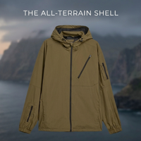 Buckstead SPZL brown technical hooded jacket with olive coyote earth tones, multi-pocket sleeve design, high neck, adjustable drawcord hood, and streetwear utility style