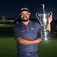 J.J. Spaun U.S. Open 2025 Puma navy blue polo shirt with red collar accents, geometric micro-print pattern, and tour-inspired athletic golf design