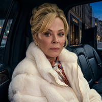 Hacks Season 5 Jean Smart cream faux fur slouch jacket with oversized cocoon silhouette, chevron panel design, and gold-tone zipper front