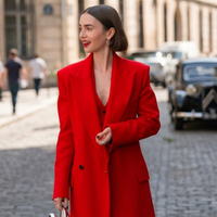 Emily in Paris Season 5 Lily Collins Red Longline Wool Cashmere Coat with Notched Lapels