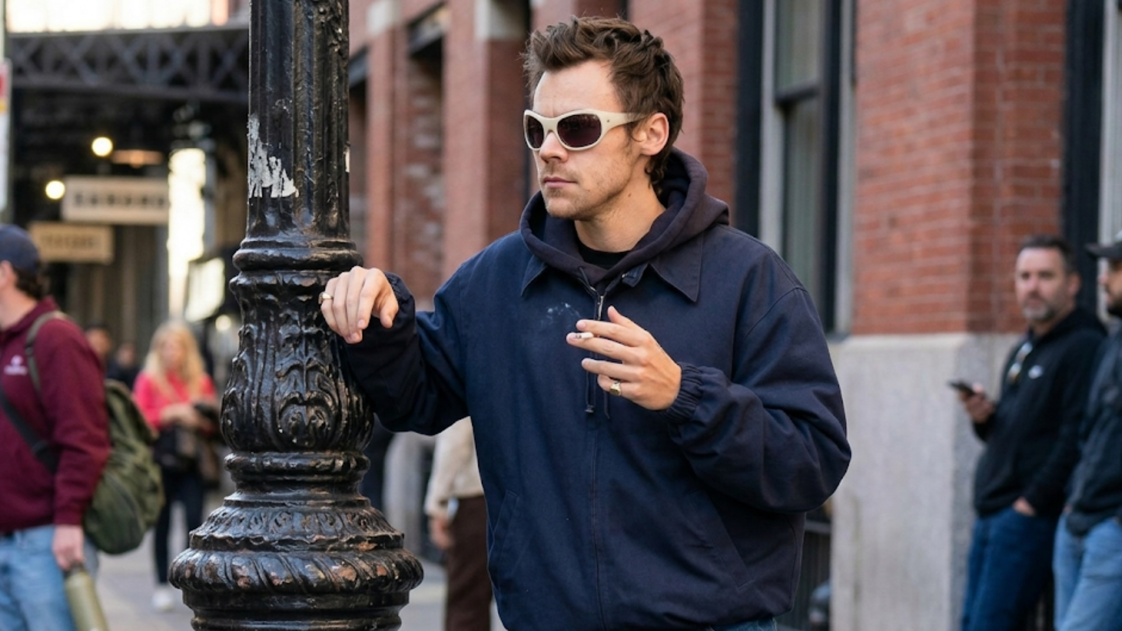 Harry Styles NYC 2026 navy blue cotton twill jacket with pointed collar and silver zipper