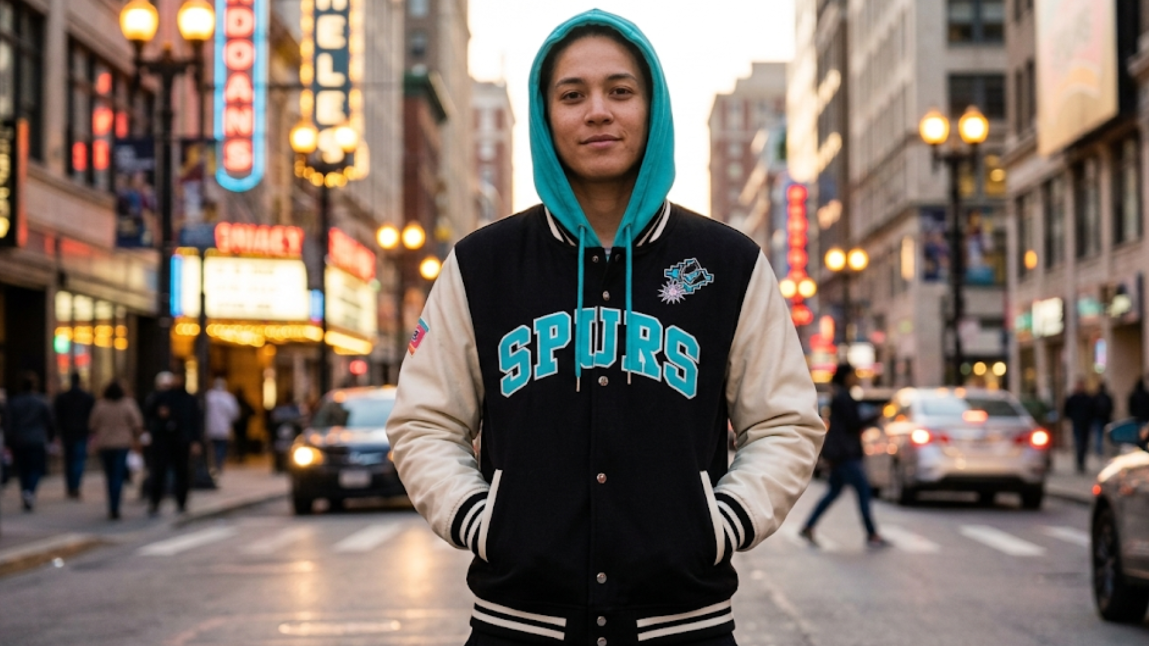 San Antonio Spurs courtside varsity fleece jacket black and cream hooded snap button jacket with teal accents and SPURS logo