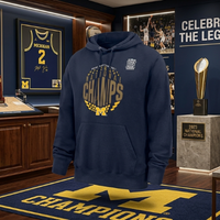 Michigan Wolverines NCAA Basketball National Champions Navy Hoodie with maize and gold globe graphic, “National Champs” text, and Final Four Phoenix patch
