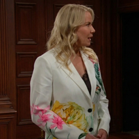 Floral printed white blazer inspired by Katherine Kelly Lang in The Bold and the Beautiful, styled with elegant tailored fit and soft feminine floral design