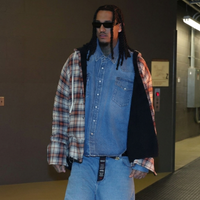 Jordan Clarkson 2026 NBA courtside outfit featuring denim-on-denim styling with flannel parka jacket, wide-leg jeans, and streetwear accessories at Philadelphia 76ers vs New York Knicks game.