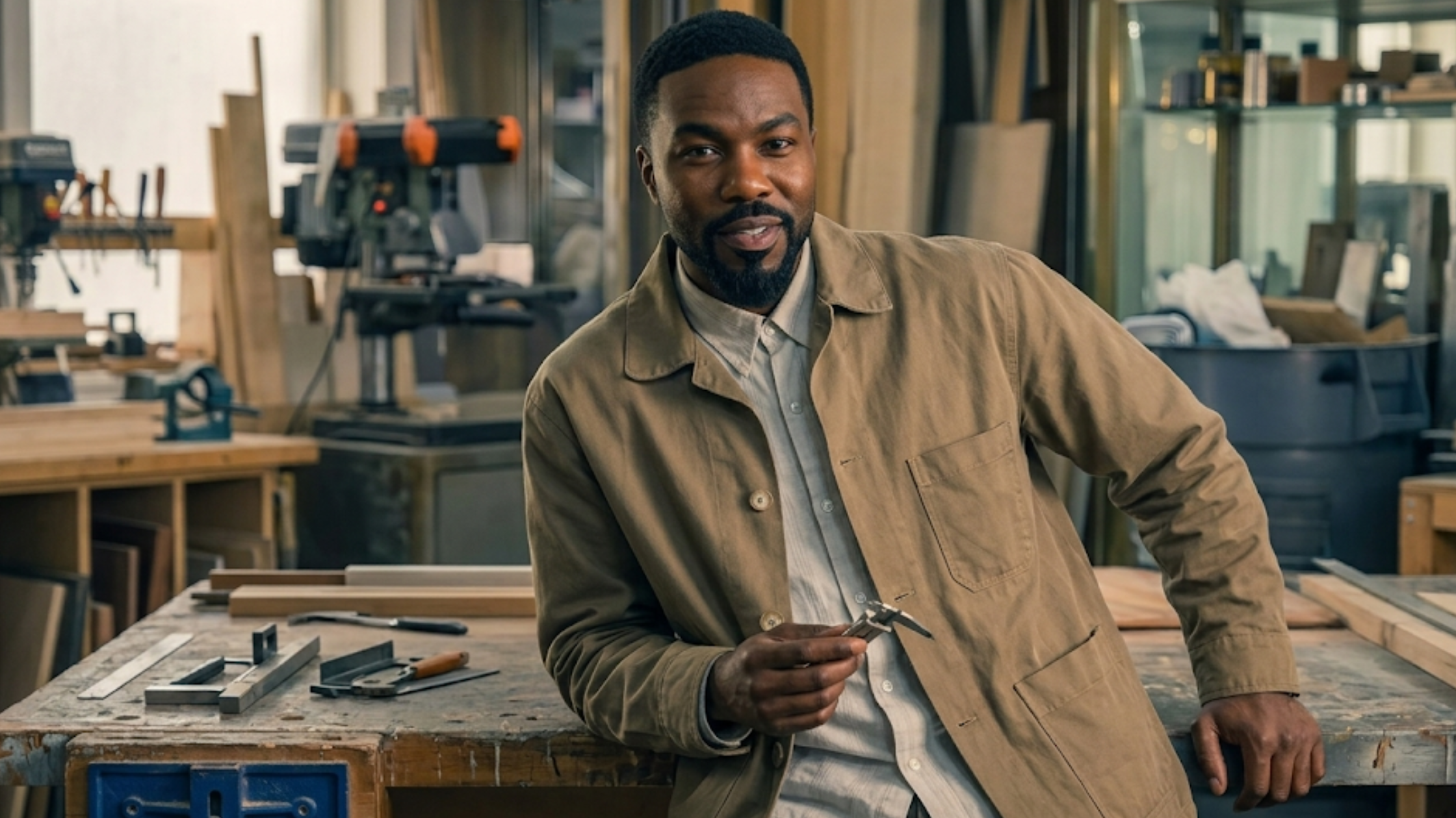 Man on Fire 2026 John Creasy brown cotton canvas field jacket with shirt collar, button front, and utility patch pocket rugged style