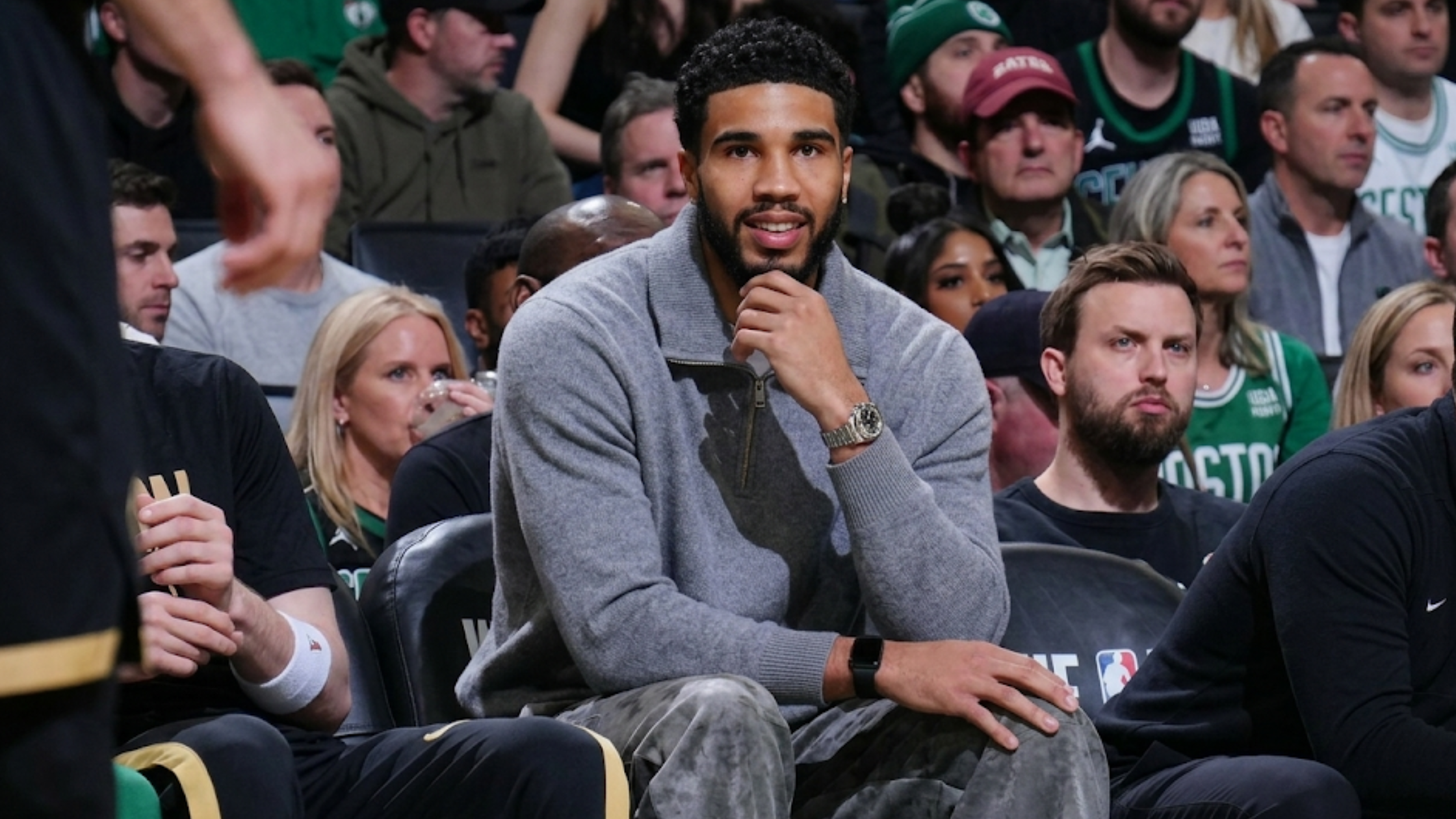 Jayson Tatum Philadelphia 76ers vs Boston Celtics heather grey quarter zip sweatshirt with mock neck and ribbed cuffs