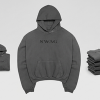 Image Alt: Justin Bieber SWAG Coachella 2026 charcoal grey hoodie with tonal chest print and bold back typography streetwear design