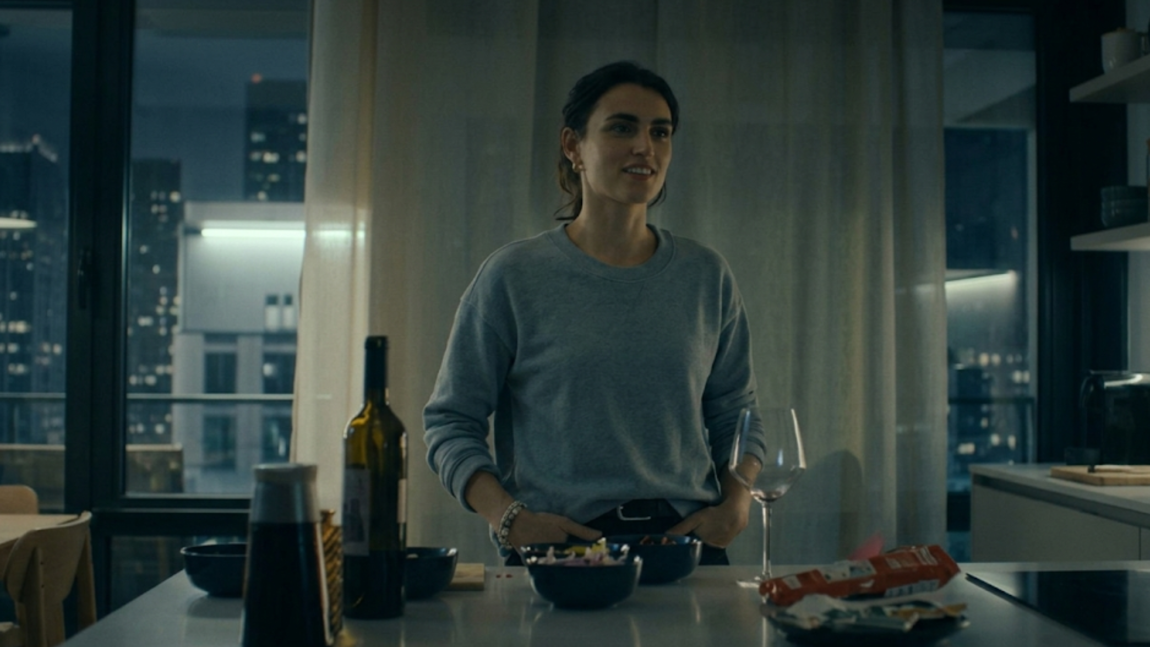 The Ex-Wife Katie McGrath 2025 heather blue fleece oversized sweatshirt with ribbed crewneck collar