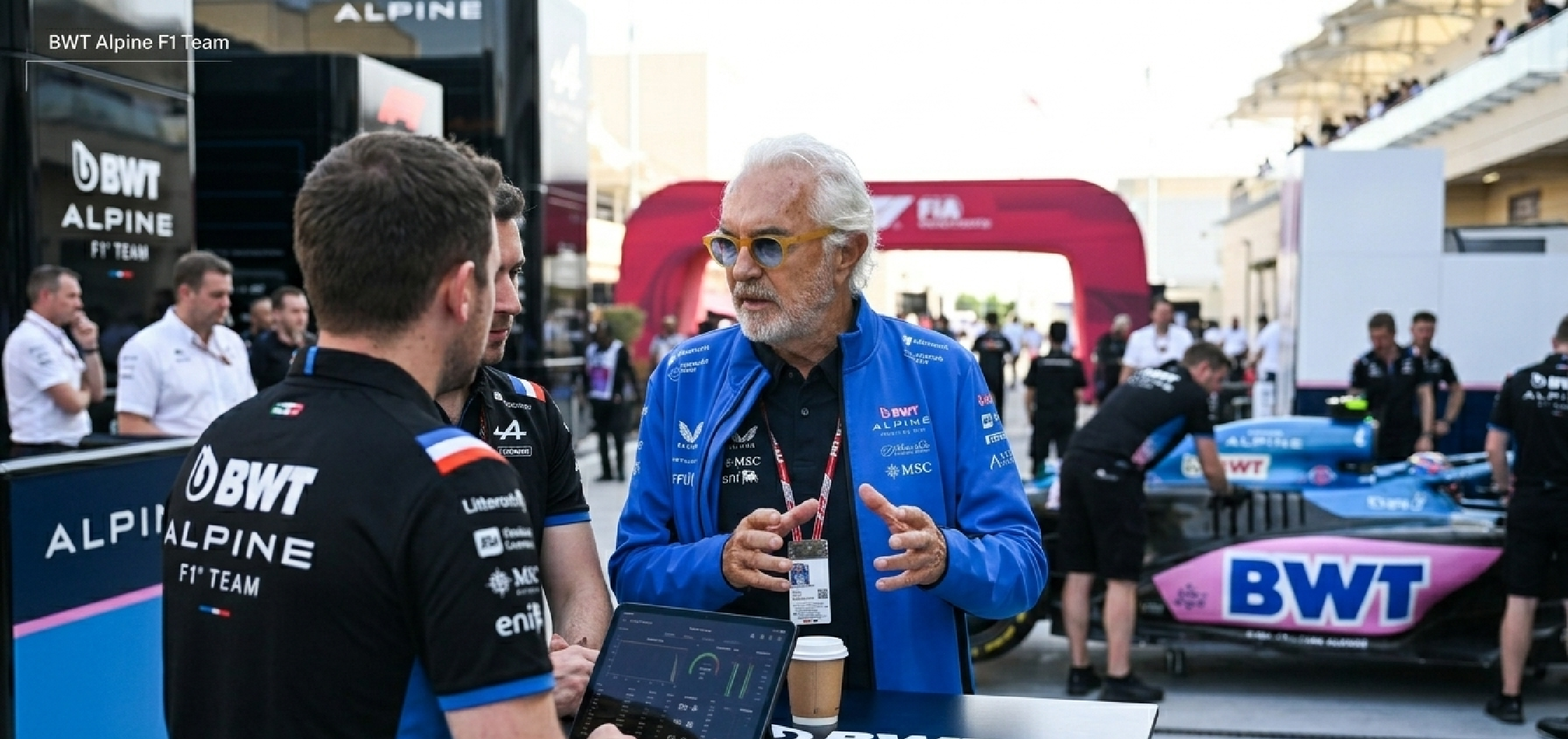 Flavio Briatore Qatar GP 2025 Alpine F1 blue sponsor track jacket