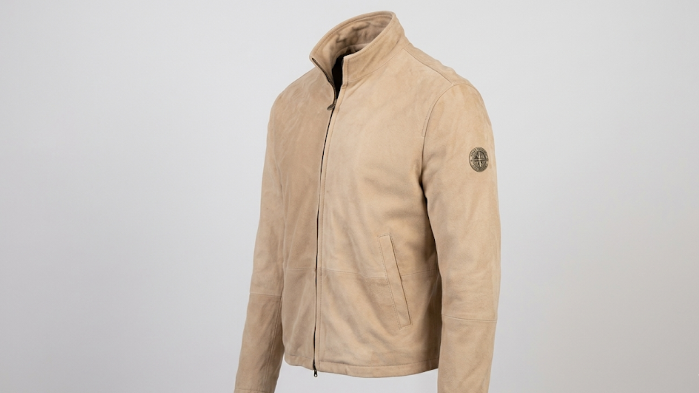 James Bond blouson man brown suede leather jacket with stand-up funnel collar and minimalist zip-up design