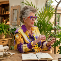 Prue Leith-inspired yellow and purple floral print blouse featuring oversized pansy sunburst motif, purple pointed collar, and GBBO Season 16 fashion design.