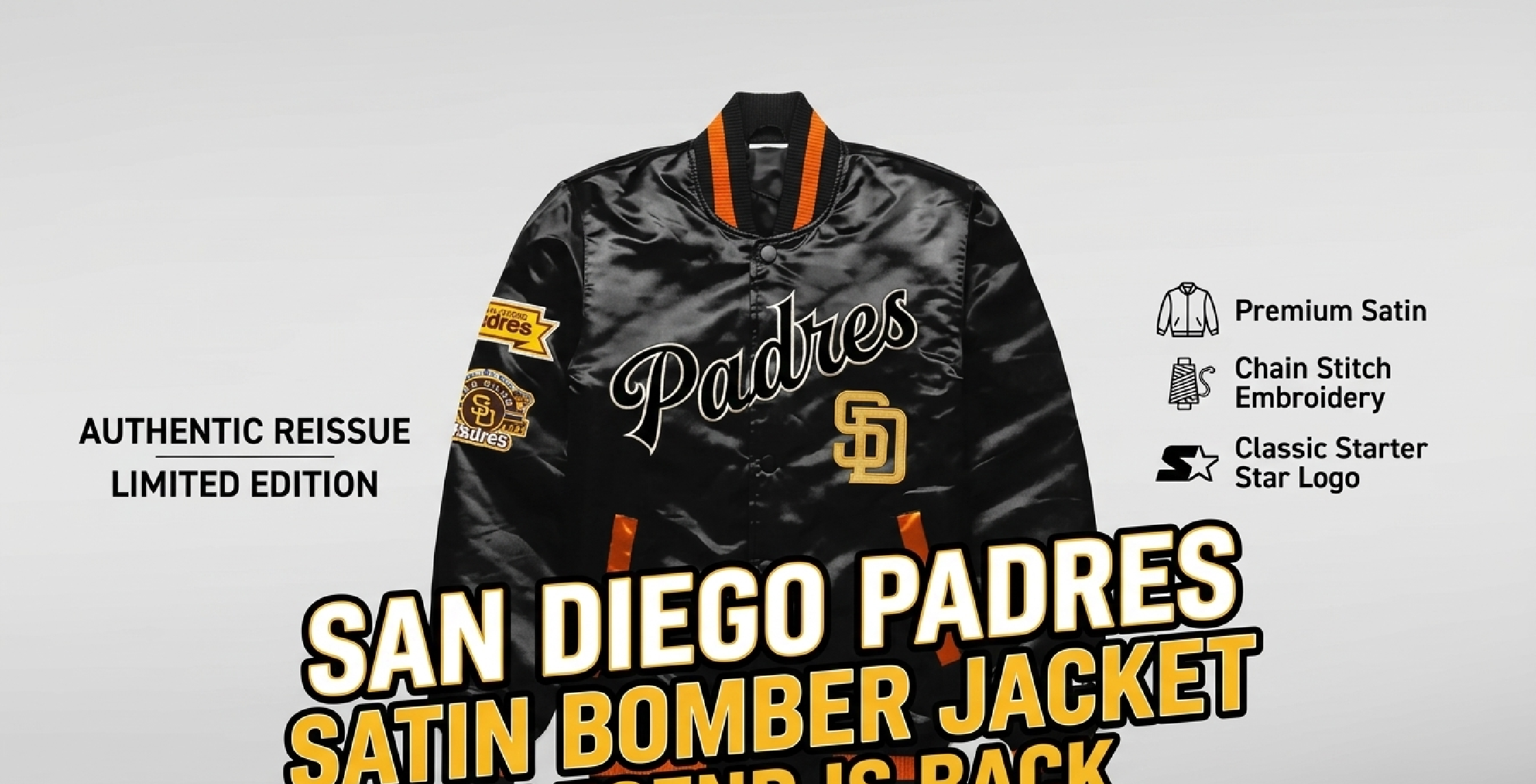 San Diego Padres exclusive black satin bomber jacket featuring SD logo, Padres script, orange accents, striped rib-knit trims, sleeve patches, and modern streetwear styling