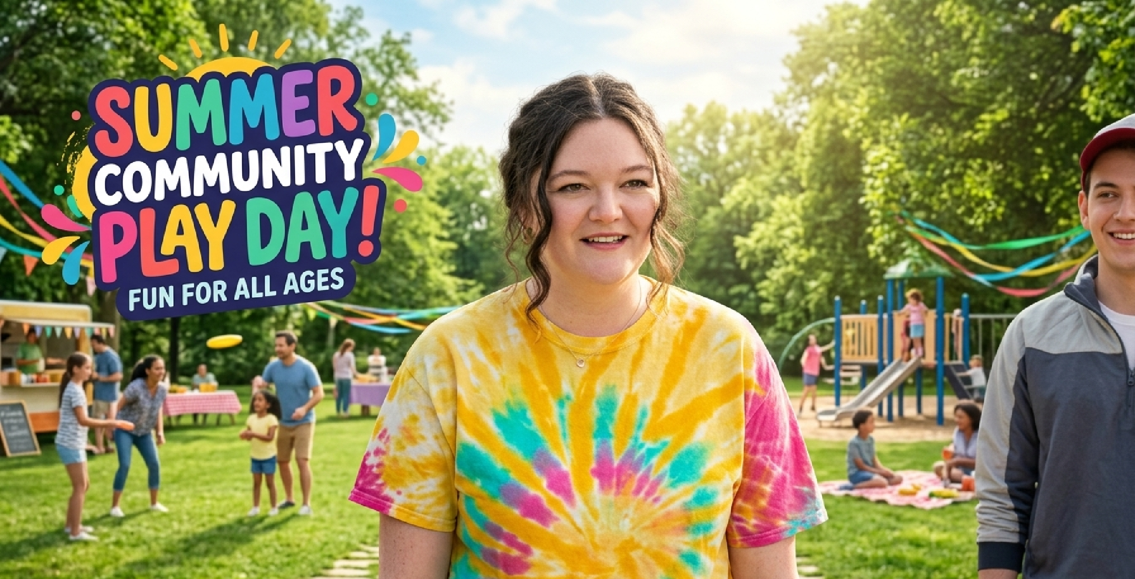 Too Much Megan Stalter tie-dye t-shirt featuring vibrant multicolor spiral design in yellow, pink, teal, and blue with relaxed fit and short sleeves inspired by the TV show Too Much (2025)