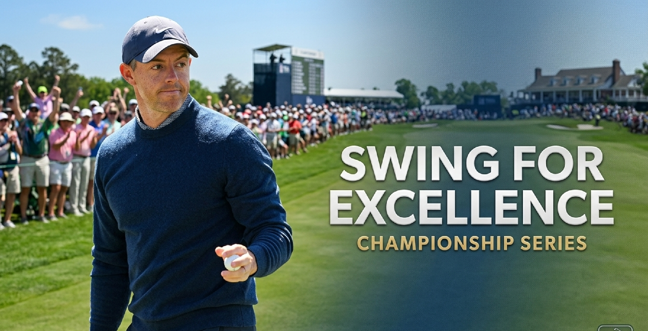 Rory McIlroy The Masters 2026 blue slim-fit golf sweatshirt with midnight navy performance knit design, ribbed crewneck, and modern quiet luxury sports fashion styling on the course