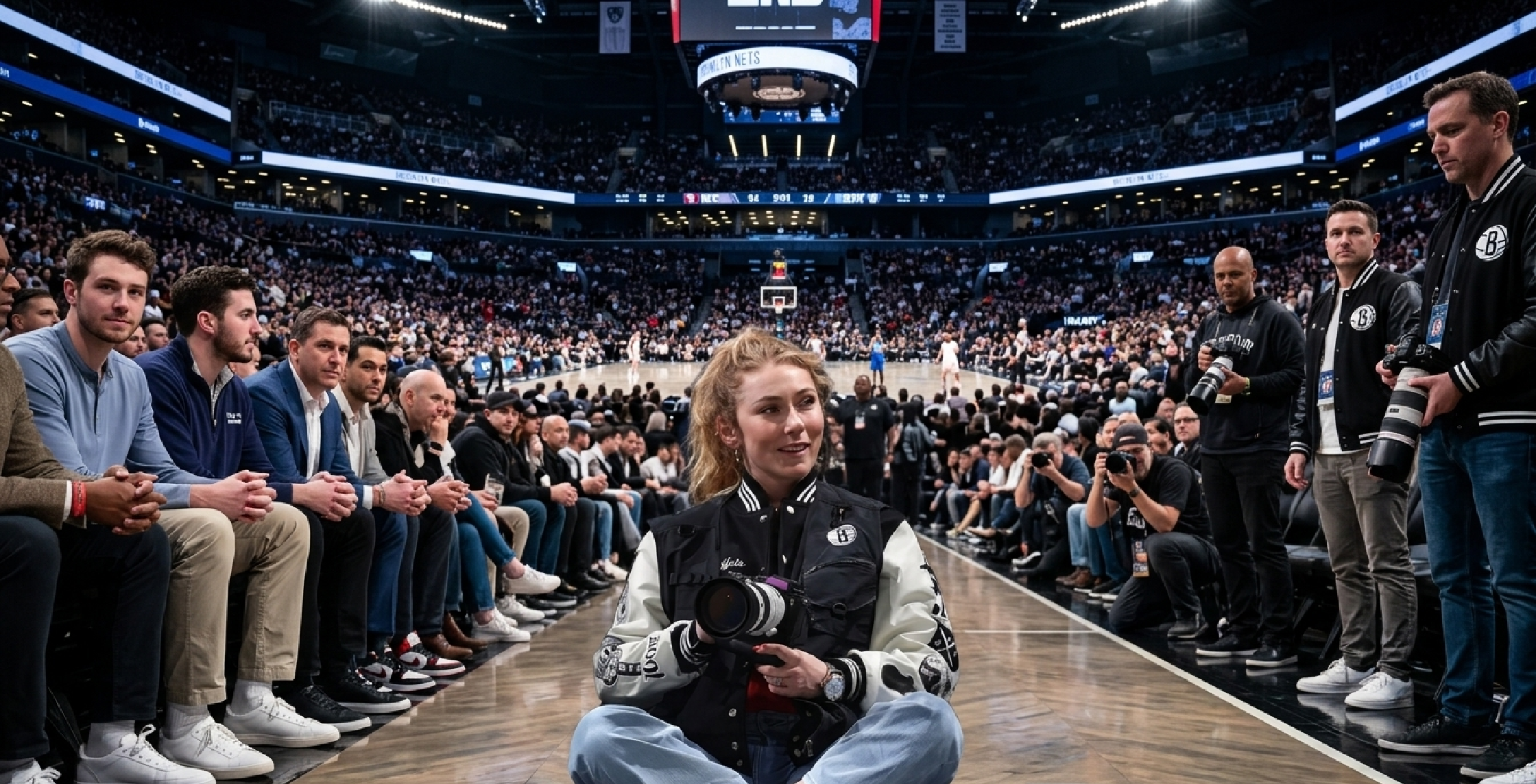 Mikaela Shiffrin wearing a black and white varsity jacket with Olympic ski patches, Brooklyn Nets logo, and techwear utility vest styling