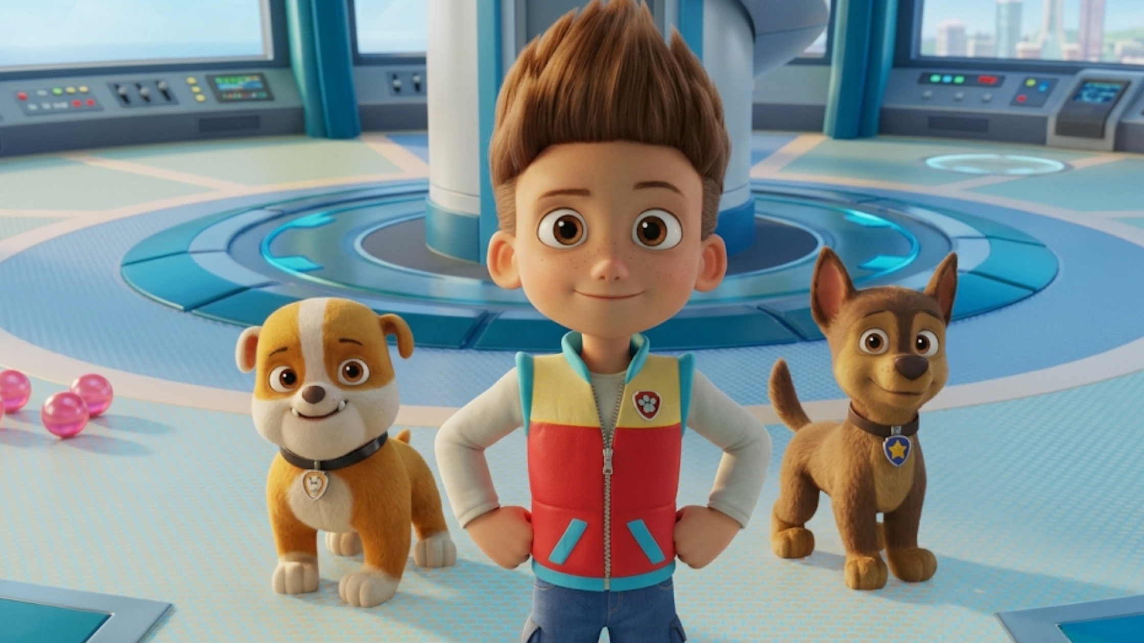 Ryder Paw Patrol Vest colorful animated puffer vest with red yellow blue design and Paw Patrol badge