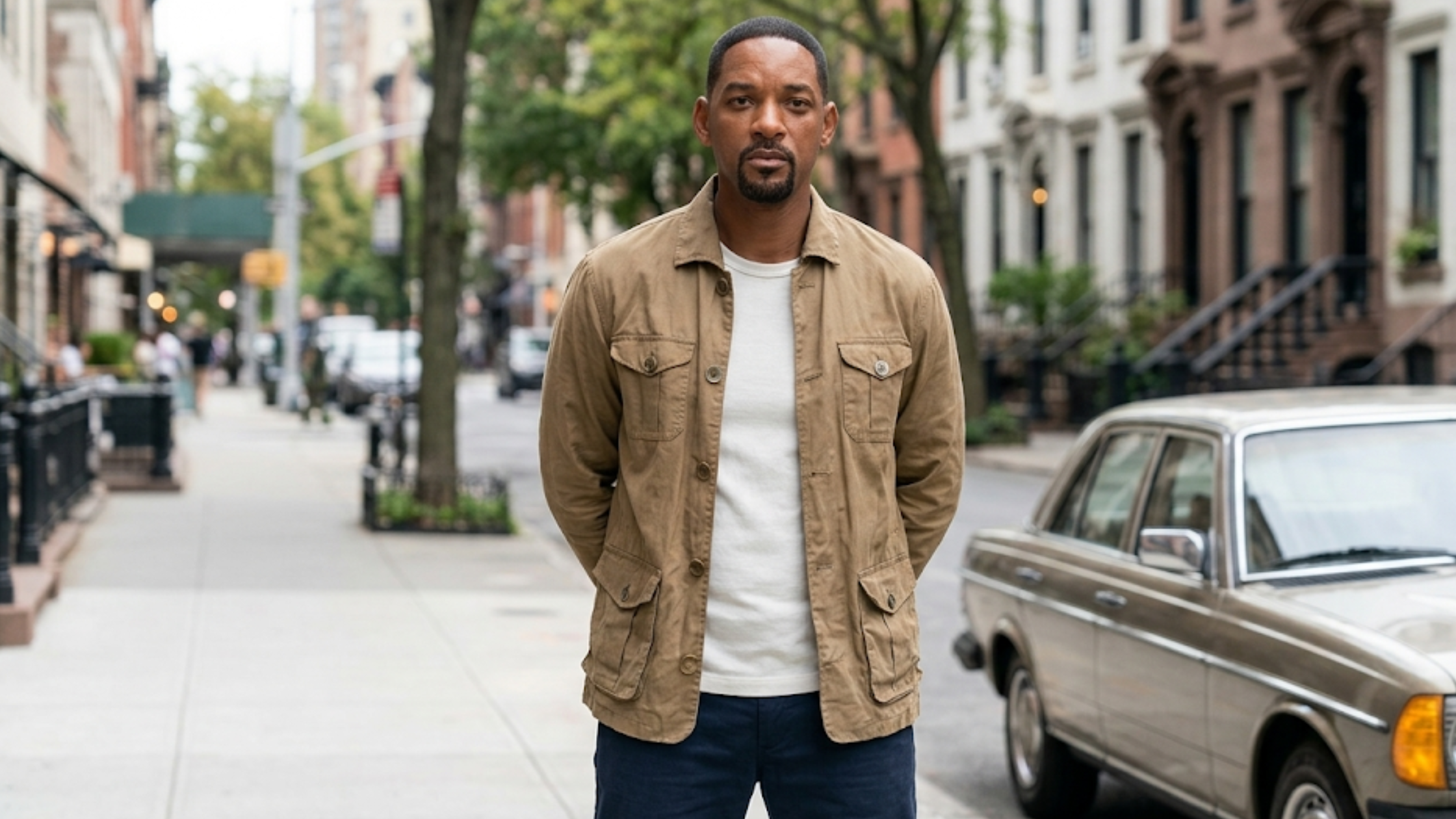 Fountain of Youth 2025 Laz Alonso beige cinematic utility jacket with shirt collar front pockets and tailored blazer style