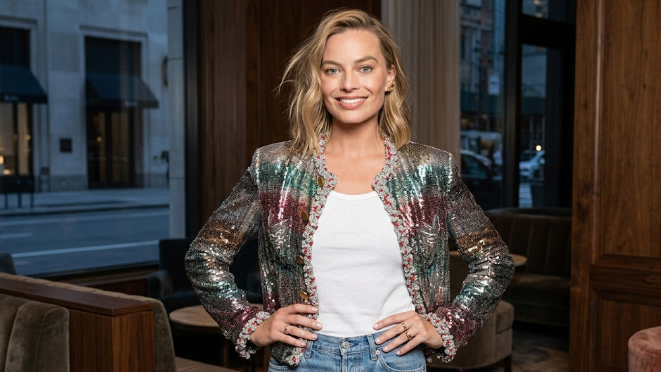 Margot Robbie Met Gala 2026 iridescent plaid cropped jacket with metallic silver emerald burgundy gold weave and braided trim detail
