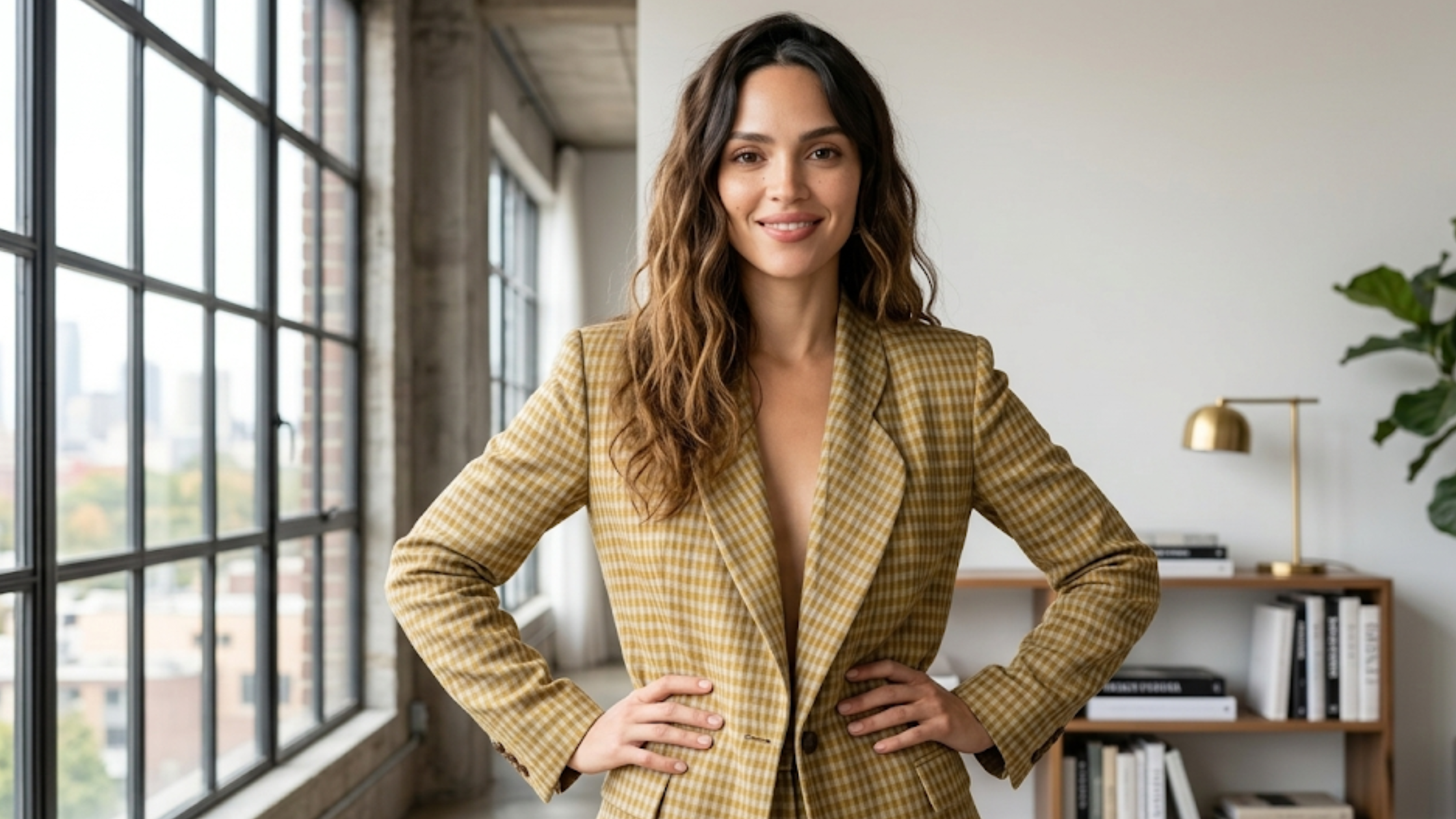 Adria Arjona Access Hollywood beige brown cream check wrap blazer with structured tailoring notch lapels and earthy plaid pattern jacket