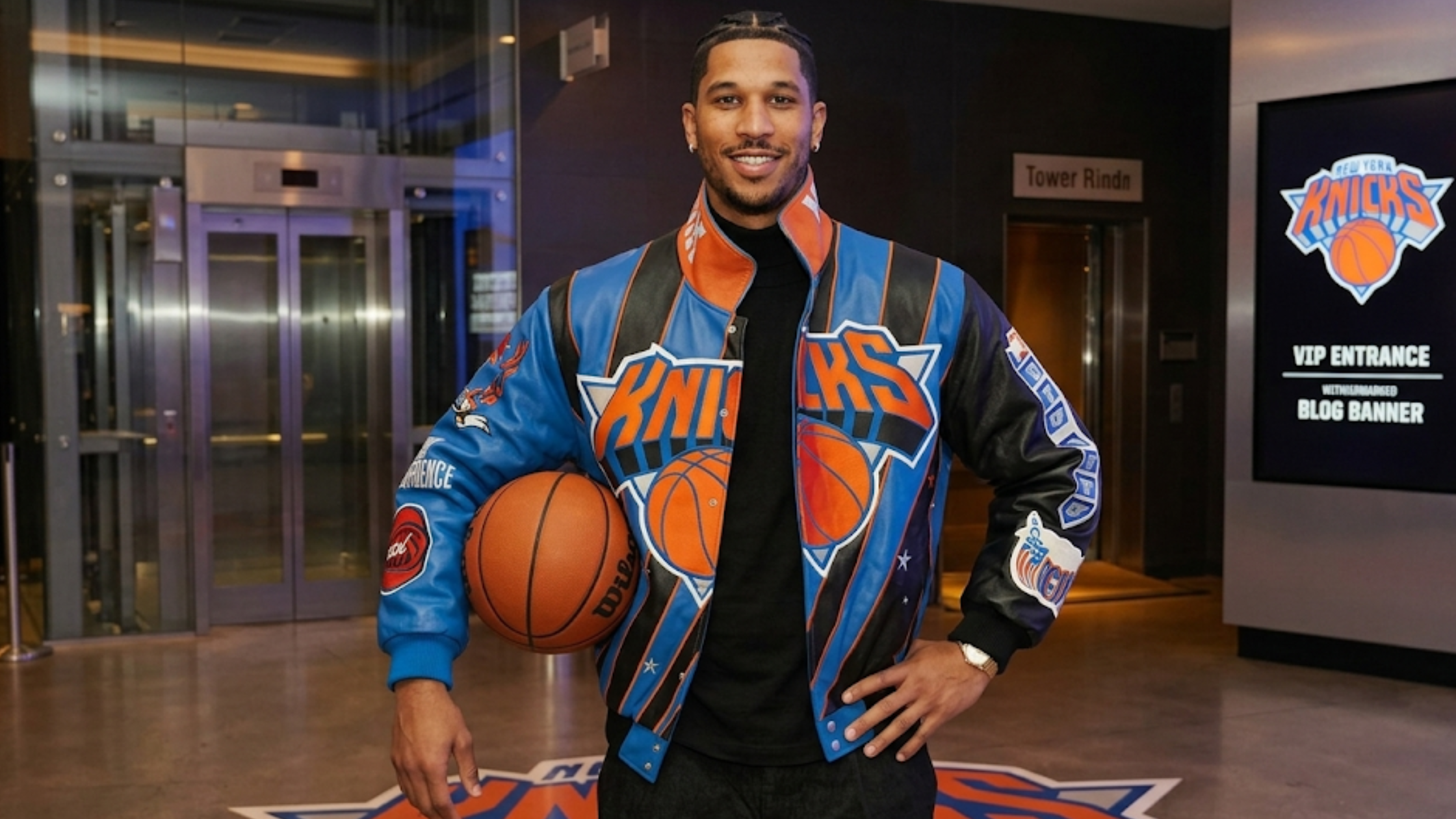 Amar’e Stoudemire New York Knicks Kith x Jeff Hamilton leather varsity jacket blue black orange basketball graphic streetwear bomber jacket