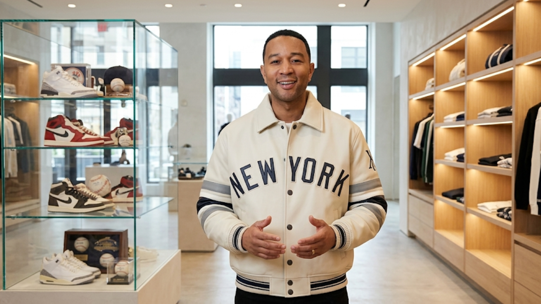 New York Yankees Kith Avirex cream varsity leather jacket embroidered chest text back logo patch striped sleeves streetwear bomber jacket
