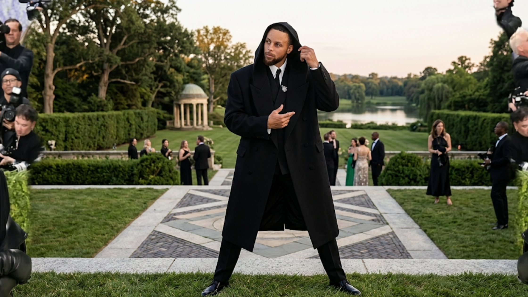 Stephen Curry 2026 Met Gala black hooded wool coat with oversized peak lapels and double-breasted avant-garde design