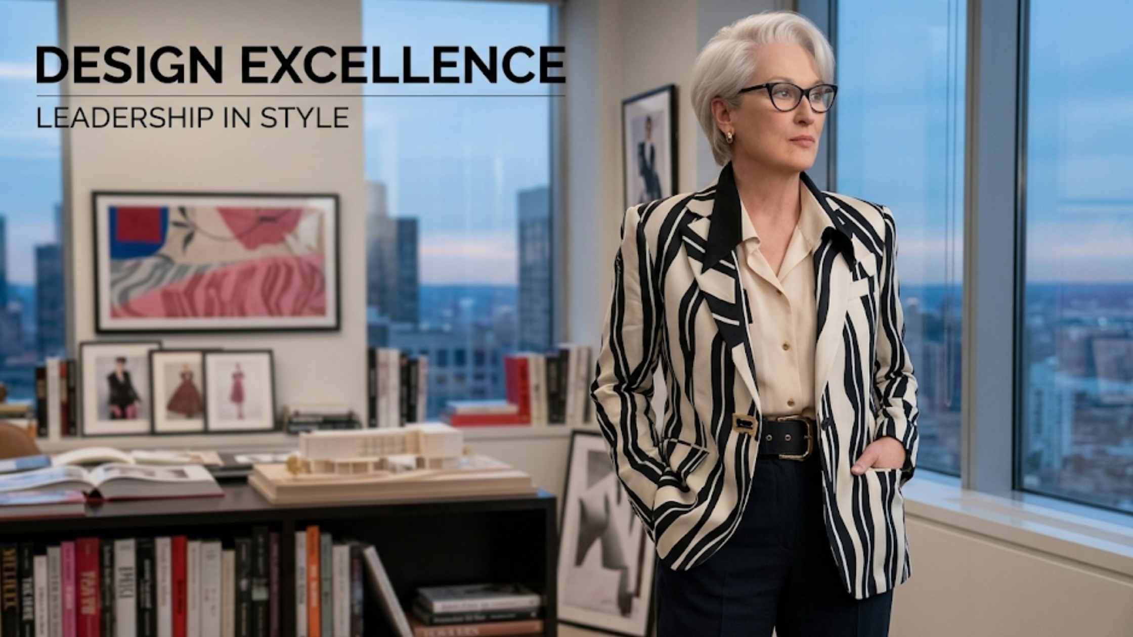 The Devil Wears Prada 2 Meryl Streep cream blazer with abstract black zebra pinstripe print and wide notched lapels