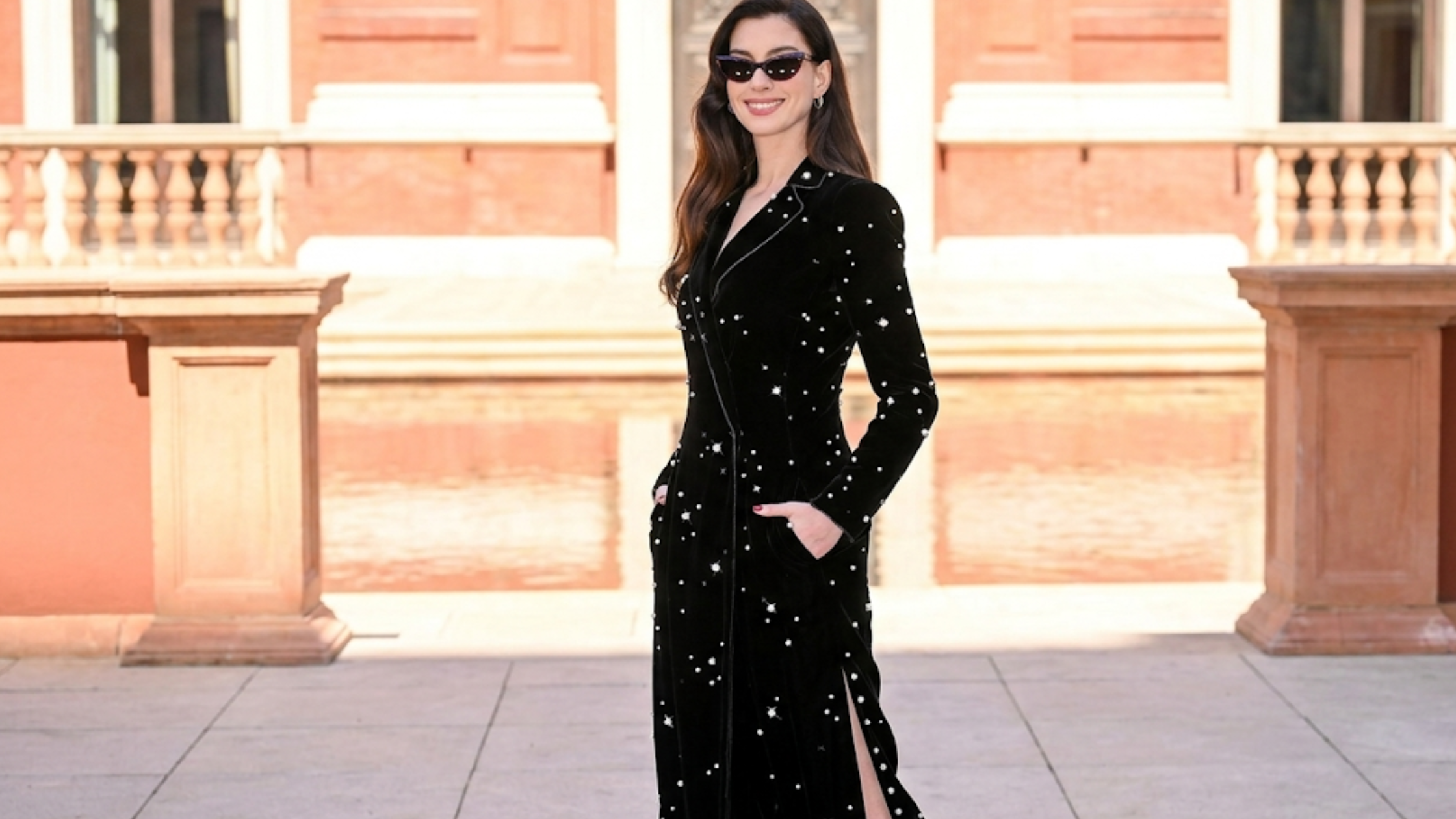 Anne Hathaway The Devil Wears Prada 2 black velvet maxi coat with pearl crystal galaxy embellishment and notch lapels