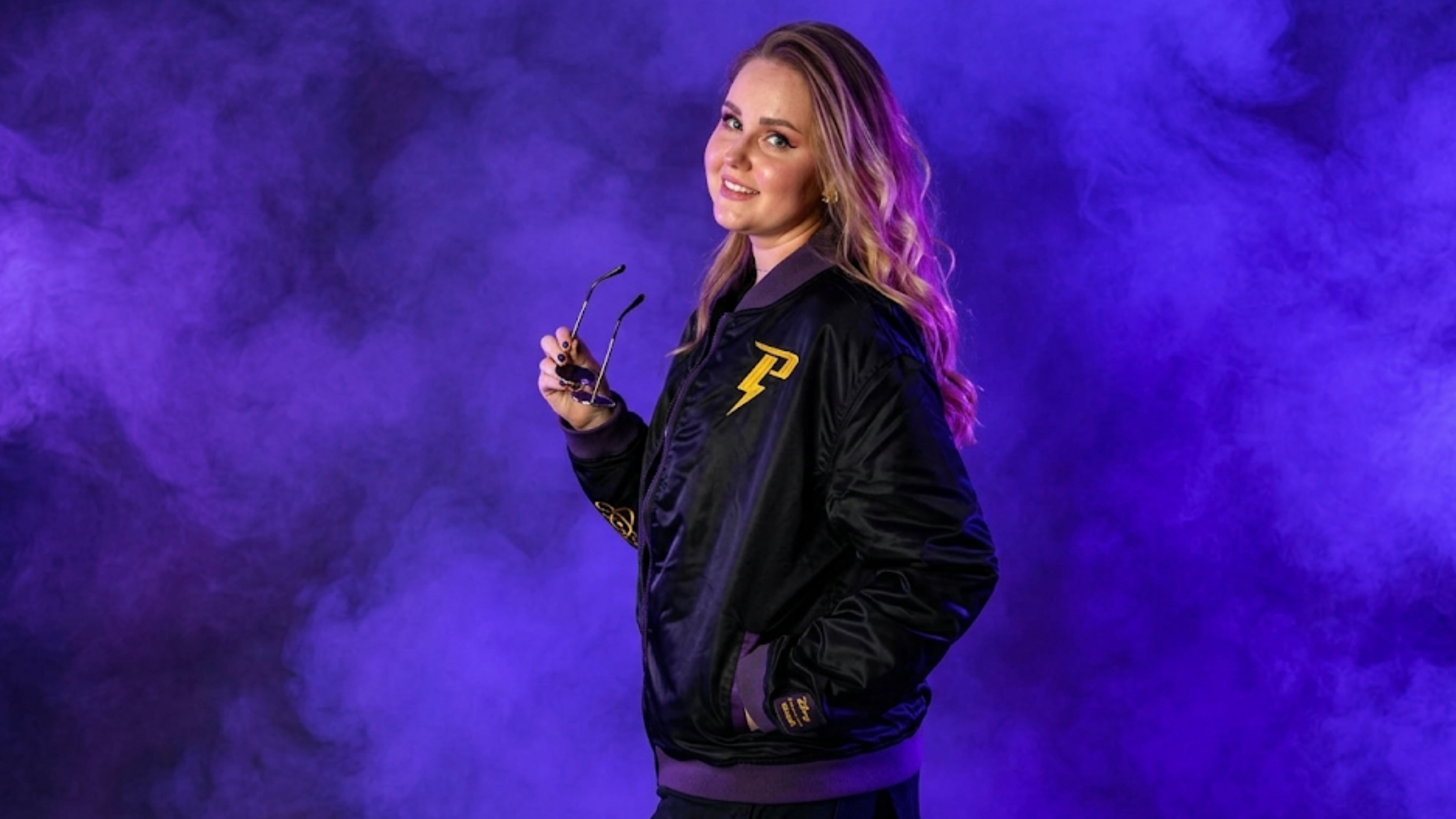 Cakeworthy Powerline bomber jacket black and purple satin with gold lightning bolt logo and graphic back design